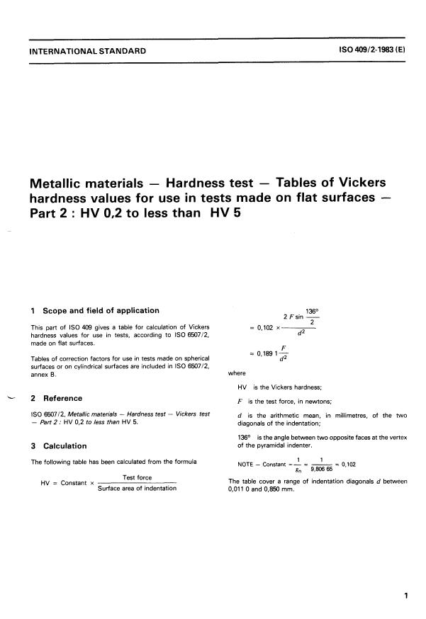 ISO 409-2:1983 - Metallic materials -- Hardness test -- Tables of Vickers hardness values for use in tests made on flat surfaces