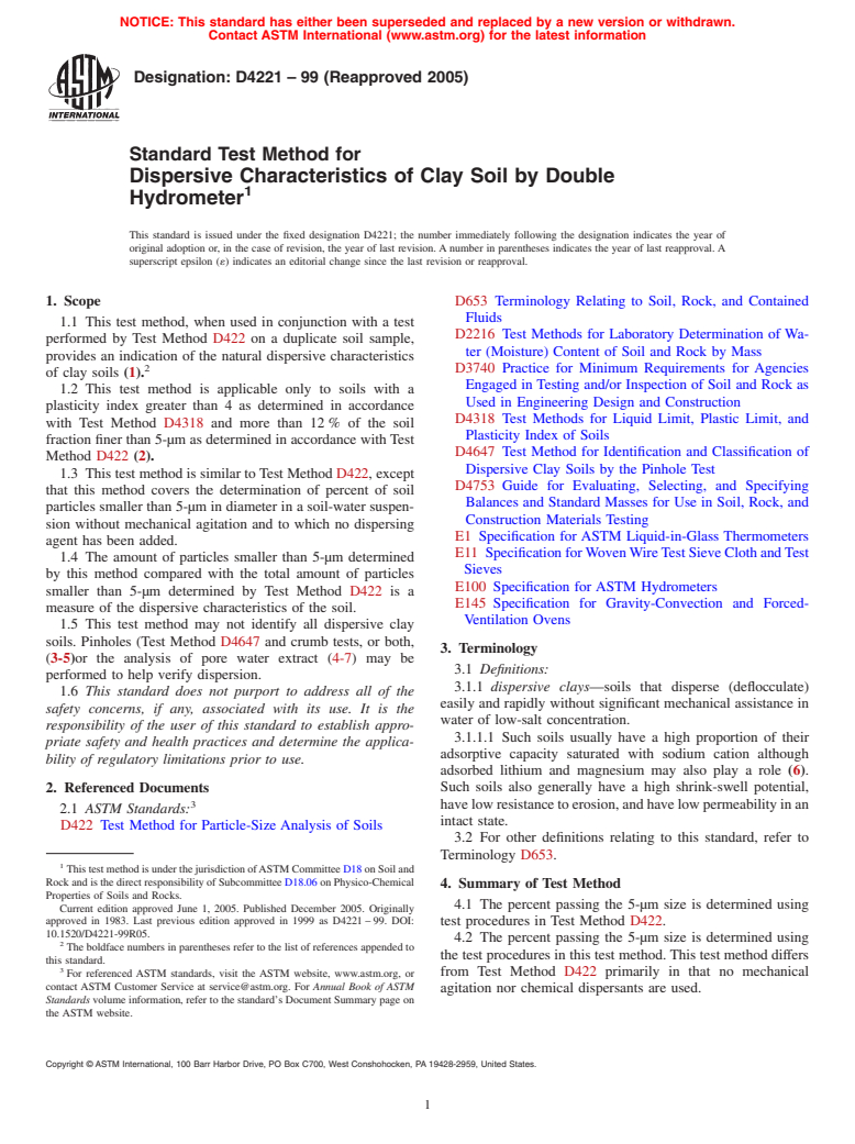 ASTM D4221-99(2005) - Standard Test Method for Dispersive Characteristics of Clay Soil by Double Hydrometer