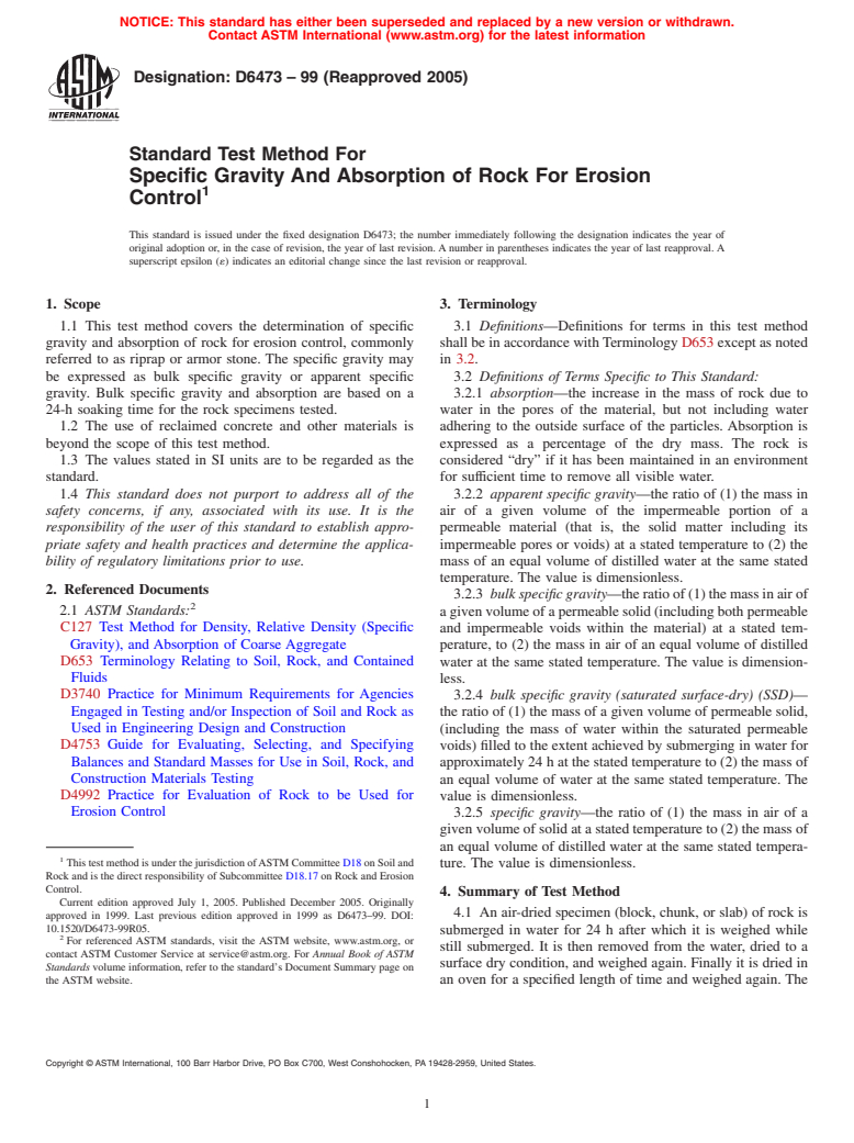 ASTM D6473-99(2005) - Standard Test Method for Specific Gravity and Absorption of Rock For Erosion Control