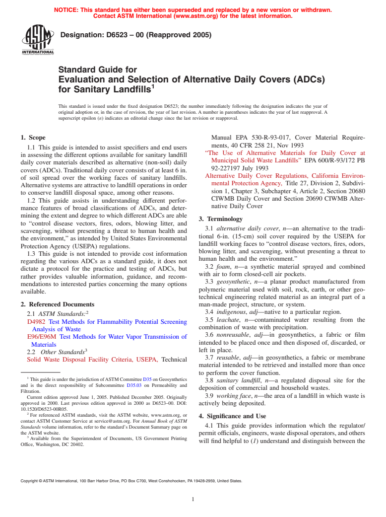 ASTM D6523-00(2005) - Standard Guide for Evaluation and Selection of Alternative Daily Covers (ADCs) for Sanitary Landfills