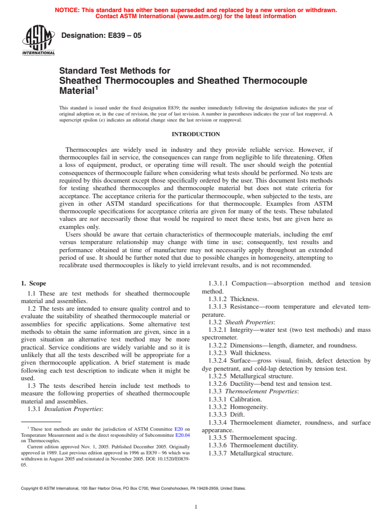 ASTM E839-05 - Standard Test Methods for Sheathed Thermocouples and Sheathed Thermocouple Material