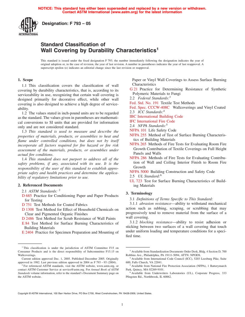 ASTM F793-05 - Standard Classification of Wall Covering by Durability Characteristic