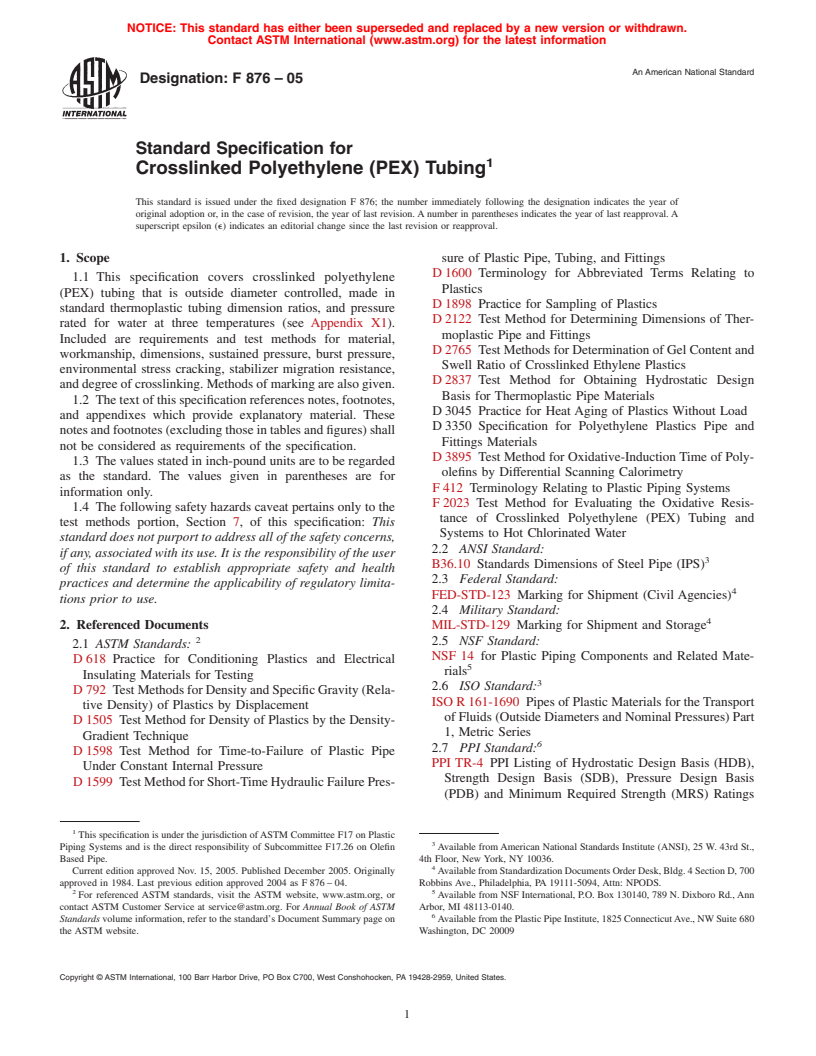 ASTM F876-05 - Standard Specification for Crosslinked Polyethylene (PEX) Tubing