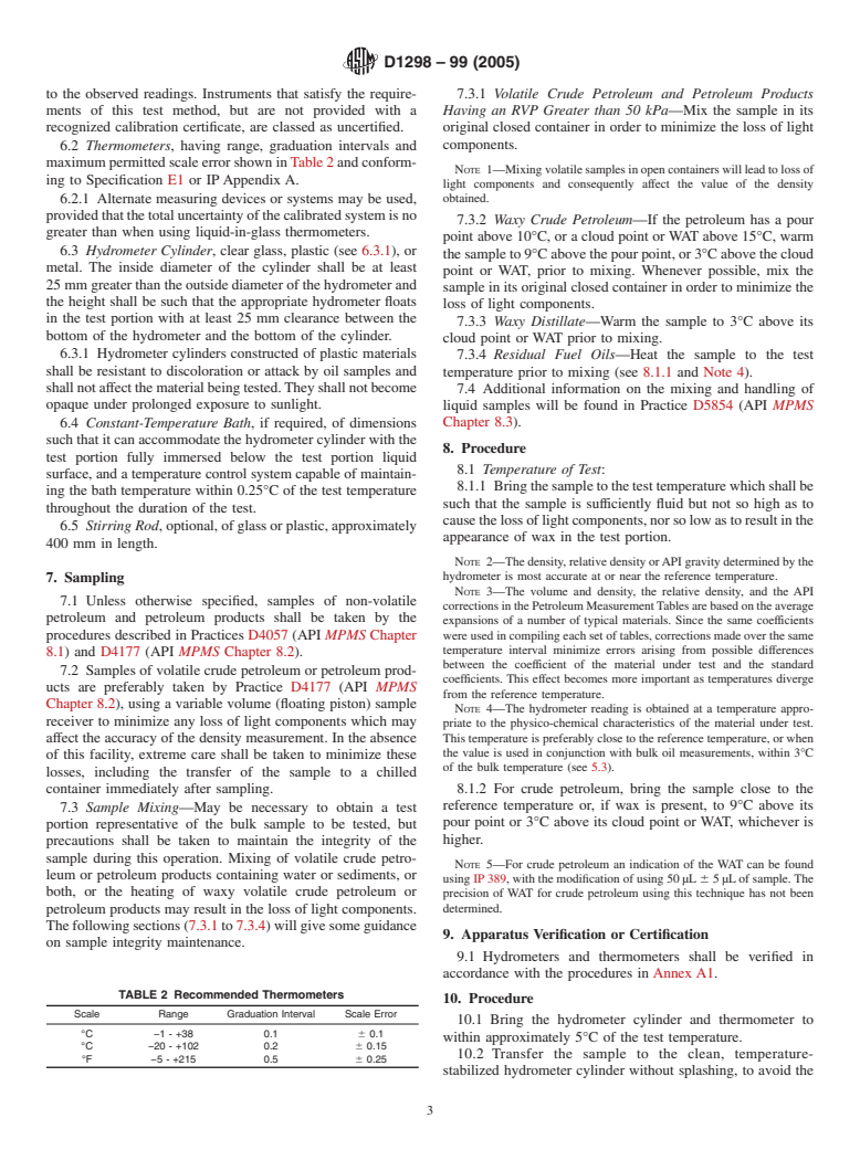 ASTM D1298-99(2005) - Standard Test Method for Density, Relative Density (Specific Gravity), or API Gravity of Crude Petroleum and Liquid Petroleum Products by Hydrometer Method