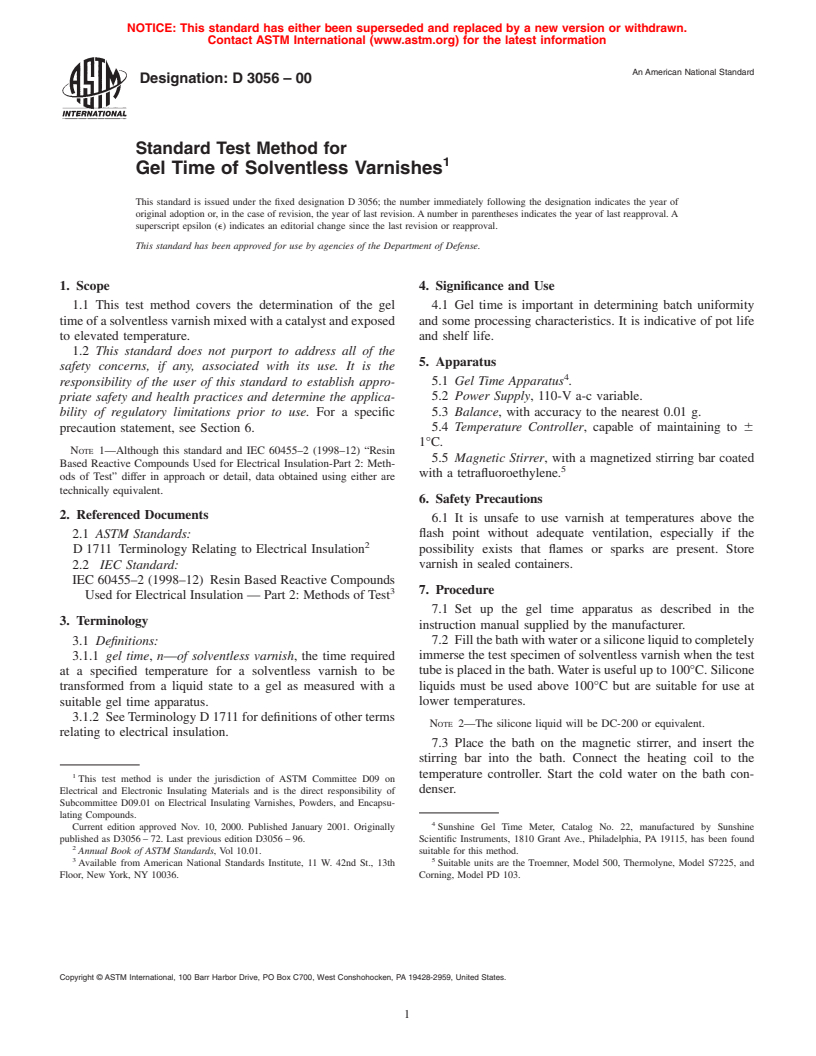 ASTM D3056-00 - Standard Test Method for Gel Time of Solventless Varnishes