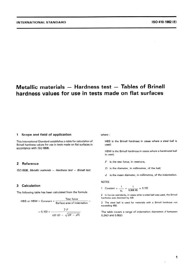 ISO 410:1982 - Metallic materials -- Hardness test -- Tables of Brinell hardness values for use in tests made on flat surfaces