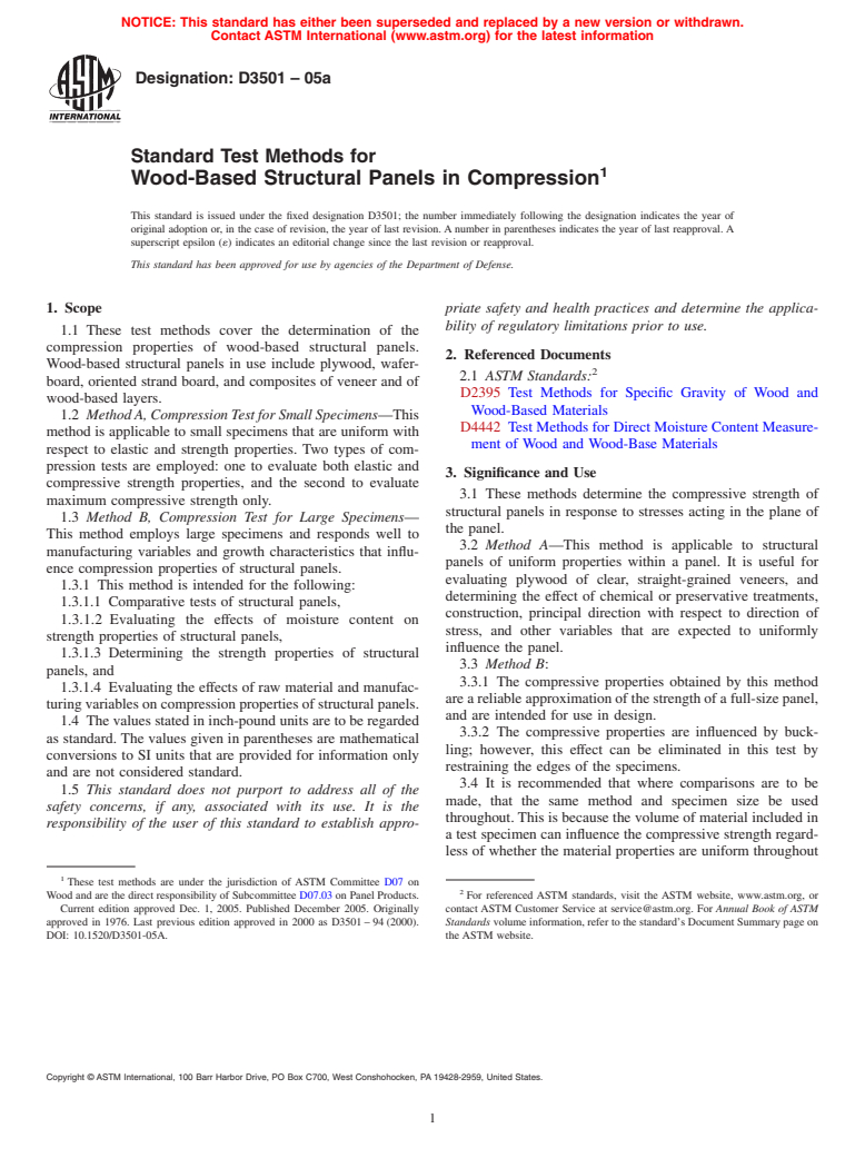 ASTM D3501-05a - Standard Test Methods for Wood-Based Structural Panels in Compression