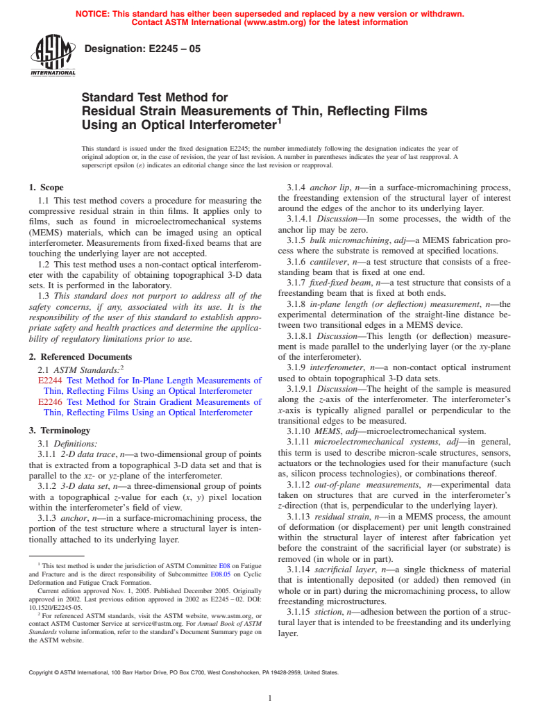 ASTM E2245-05 - Standard Test Method for Residual Strain Measurements of Thin, Reflecting Films Using an Optical Interferometer
