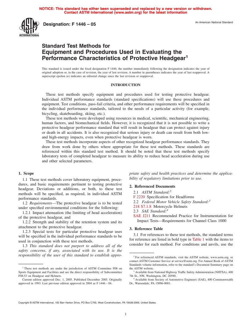 ASTM F1446-05 - Standard Test Methods for Equipment and Procedures Used in Evaluating the Performance Characteristics of Protective Headgear