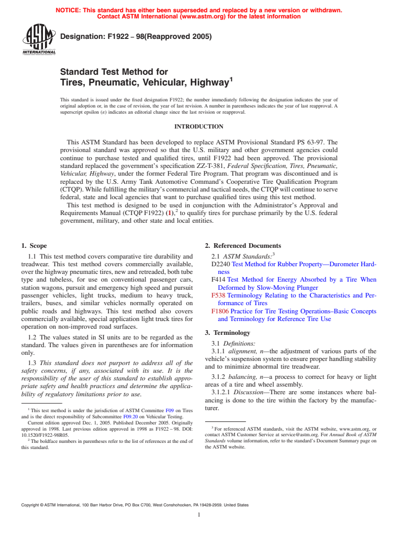 ASTM F1922-98(2005) - Standard Test Method for Tires, Pneumatic, Vehicular, Highway