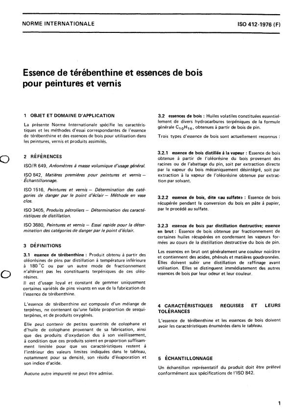 ISO 412:1976 - Essence de térébenthine et essences de bois pour peintures et vernis