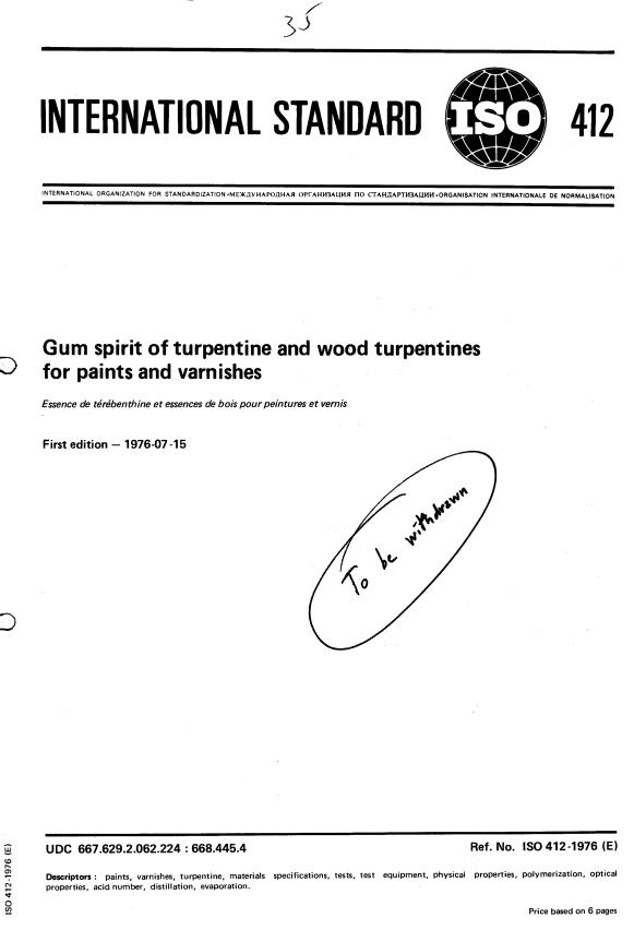 ISO 412:1976 - Gum spirit of turpentine and wood turpentines for paints and varnishes