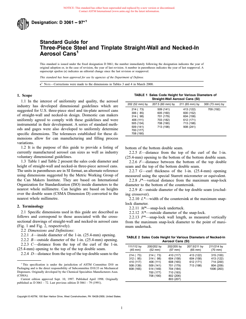 ASTM D3061-97e1 - Standard Guide for Three-Piece Steel and Tinplate Straight-Wall and Necked-In Aerosol Cans