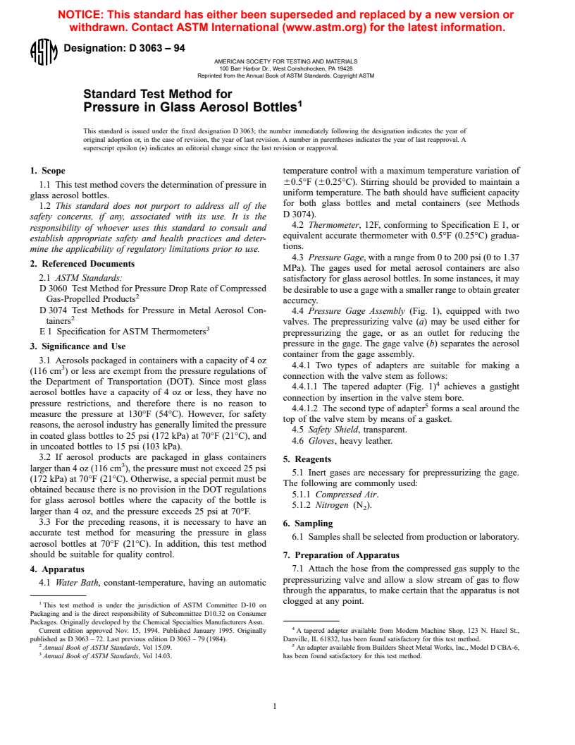 ASTM D3063-94 - Standard Test Method for Pressure in Glass Aerosol Bottles (Withdrawn 2000)