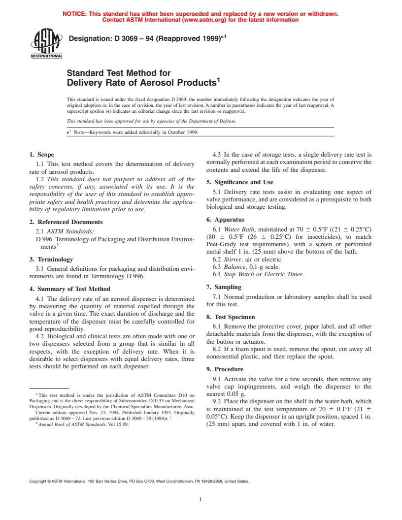 ASTM D3069-94(1999)e1 - Standard Test Method for Delivery Rate of Aerosol Products