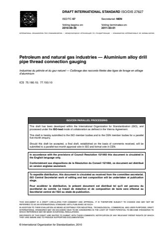 ISO 27627:2014 - Petroleum and natural gas industries -- Aluminium alloy drill pipe thread connection gauging