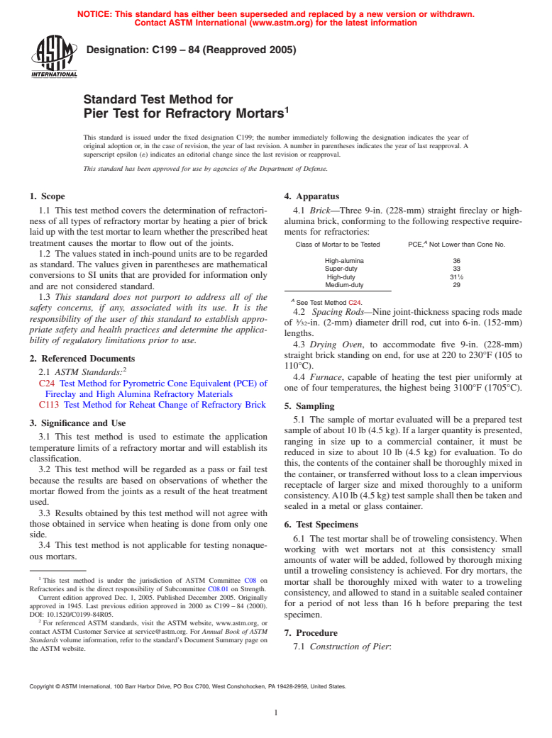 ASTM C199-84(2005) - Standard Test Method for Pier Test for Refractory Mortars