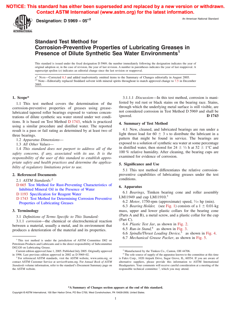 ASTM D5969-05e2 - Standard Test Method for Corrosion-Preventive Properties of Lubricating Greases in Presence of Dilute Synthetic Sea Water Environments