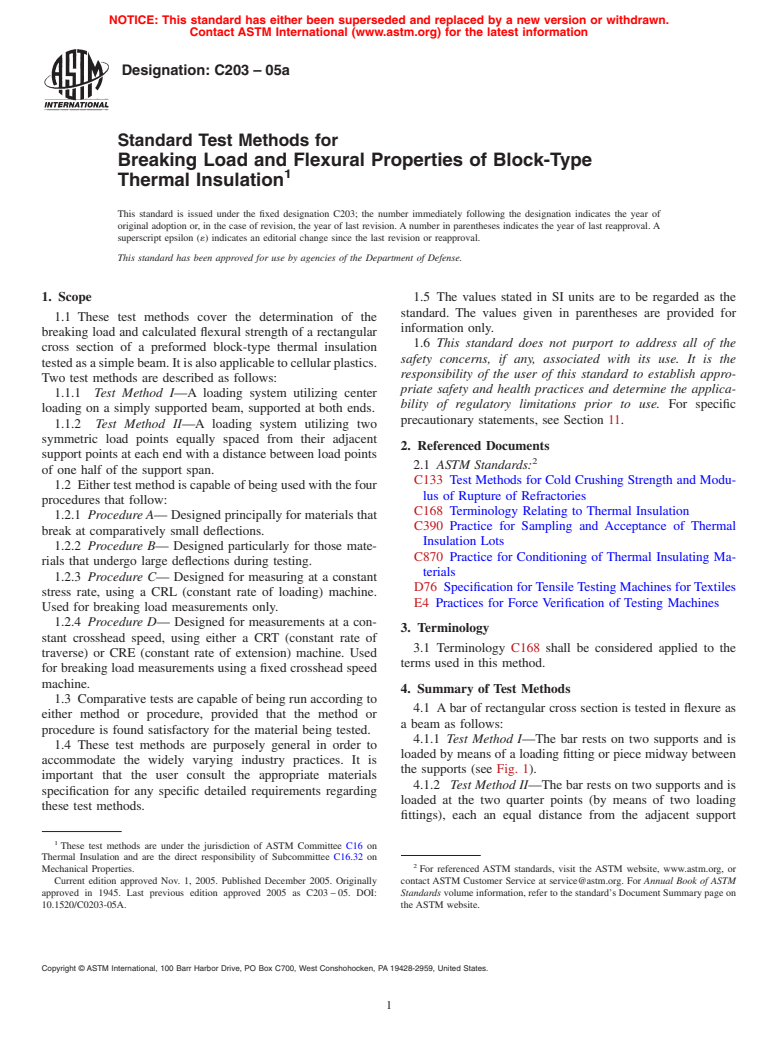 ASTM C203-05a - Standard Test Methods for Breaking Load and Flexural Properties of Block-Type Thermal Insulation