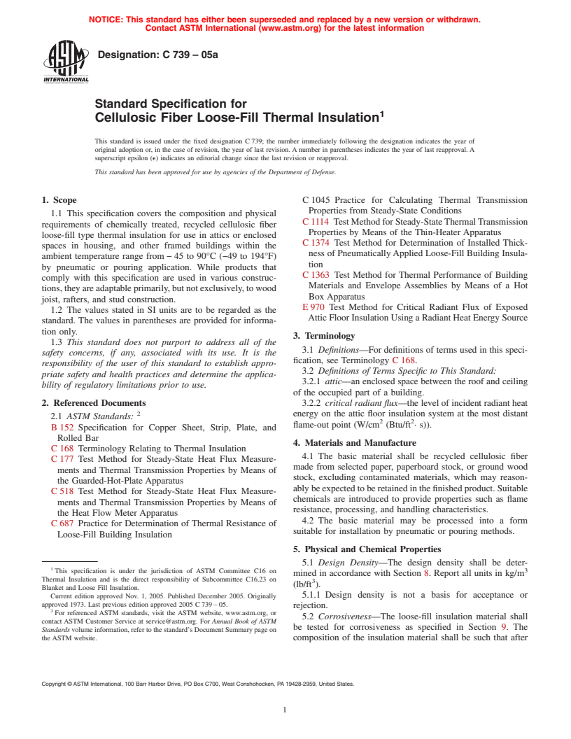 ASTM C739-05a - Standard Specification for Cellulosic Fiber Loose-Fill Thermal Insulation