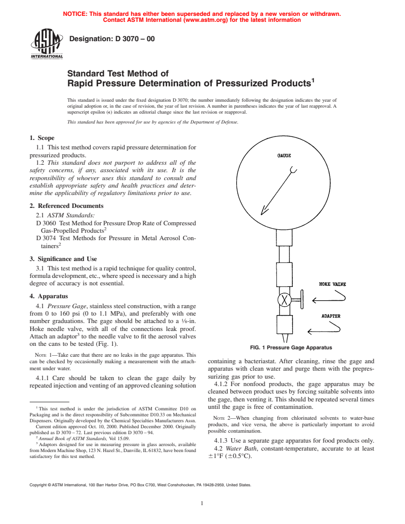 ASTM D3070-00 - Standard Test Method of Rapid Pressure Determination of Pressurized Products