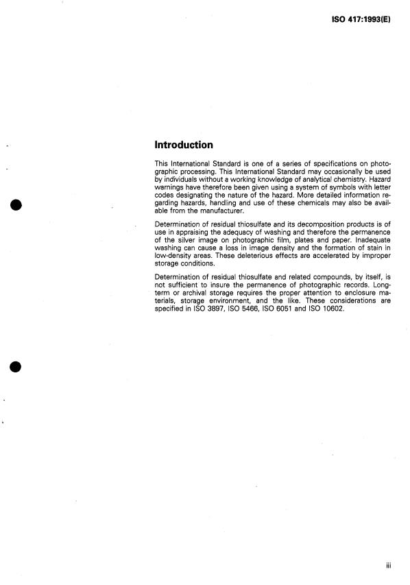 ISO 417:1993 - Photography -- Determination of residual thiosulfate and other related chemicals in processed photographic materials -- Methods using iodine-amylose, methylene blue and silver sulfide