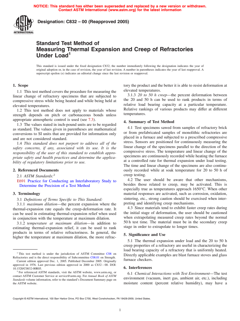 ASTM C832-00(2005) - Standard Test Method of Measuring Thermal Expansion and Creep of Refractories Under Load