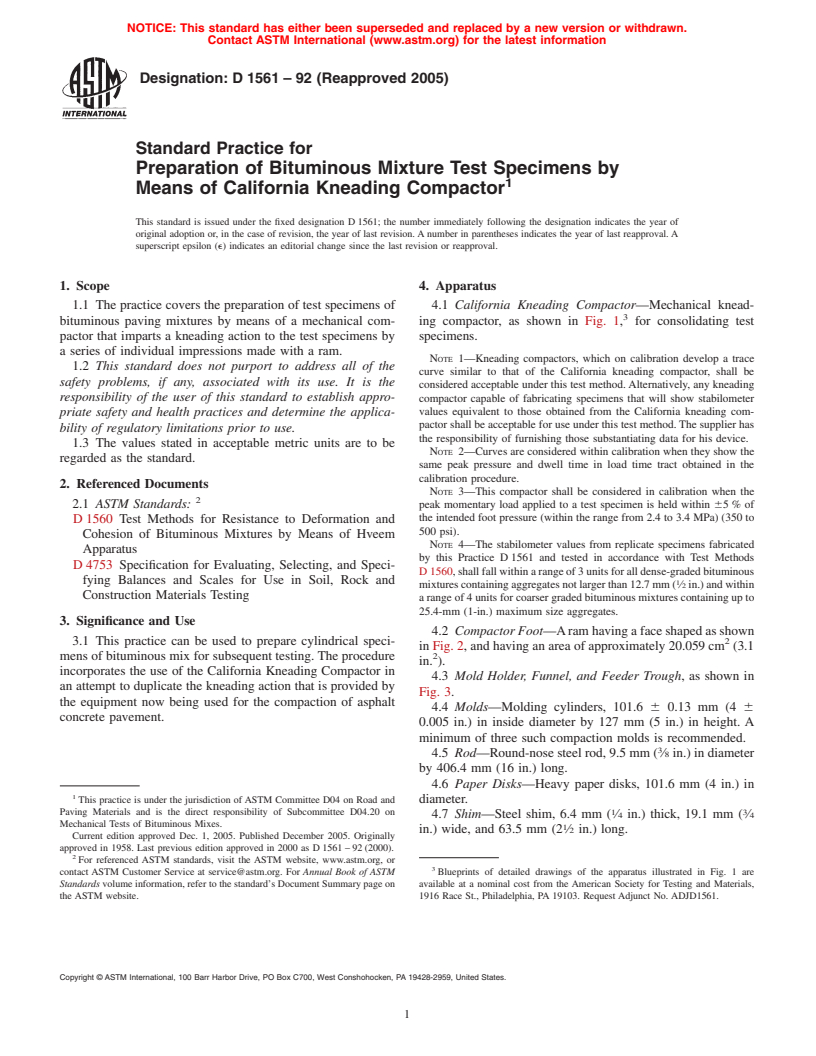 ASTM D1561-92(2005) - Standard Practice for Preparation of Bituminous Mixture Test Specimens by Means of California Kneading Compactor