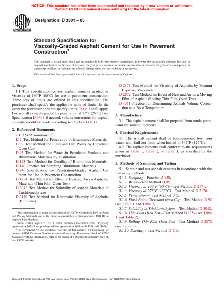 ASTM D3381-05 - Standard Specification for Viscosity-Graded Asphalt Cement for Use in Pavement Construction