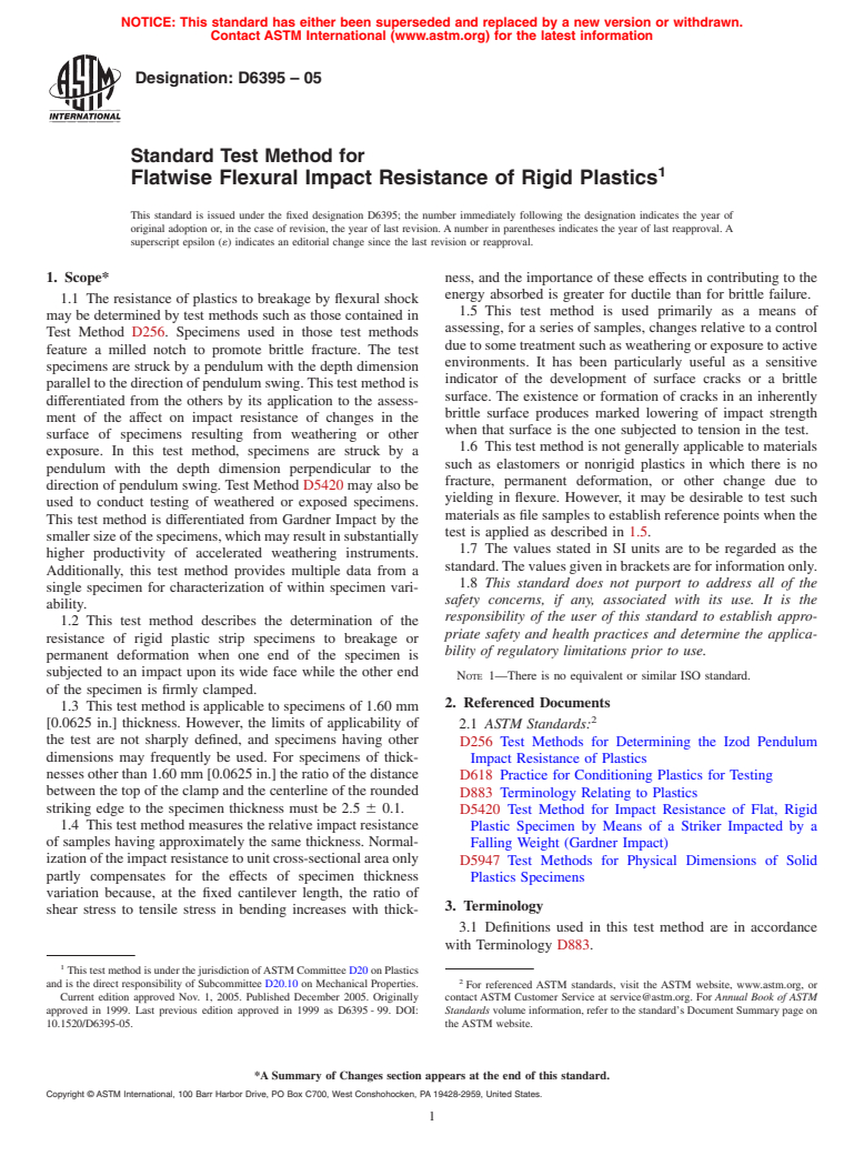 ASTM D6395-05 - Standard Test Method for Flatwise Flexural Impact Resistance of Rigid Plastics