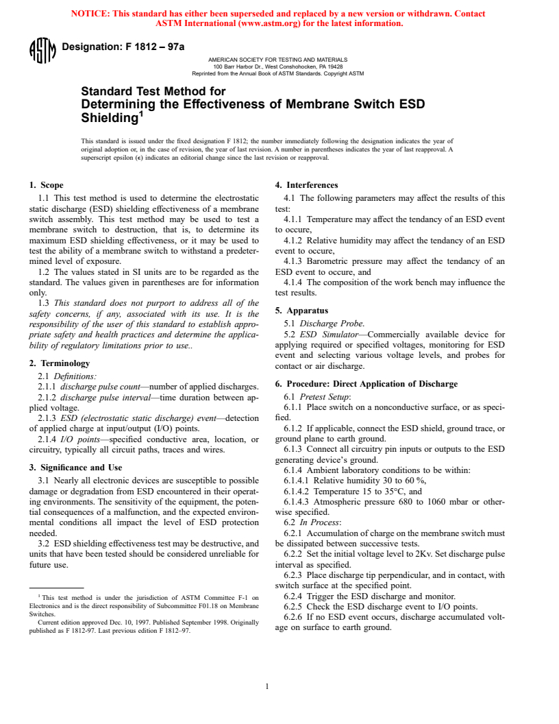 ASTM F1812-97a - Standard Test Method for Determining the Effectiveness of Membrane Switch ESD Shielding