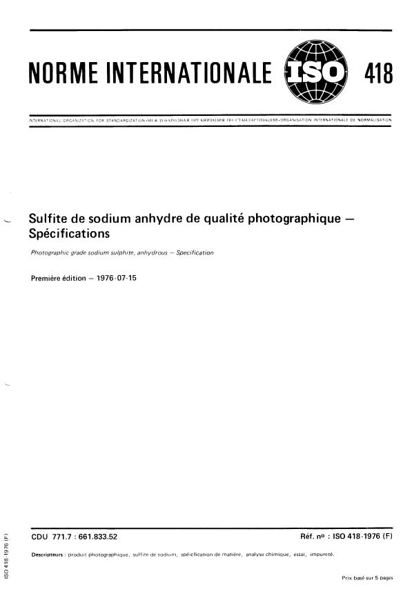 ISO 418:1976 - Sulfite de sodium anhydre de qualité photographique -- Spécifications
