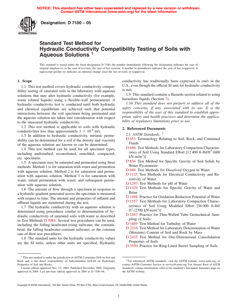 ASTM D7100-05 - Standard Test Method for Hydraulic Conductivity Compatibility Testing of Soils with Aqueous Solutions