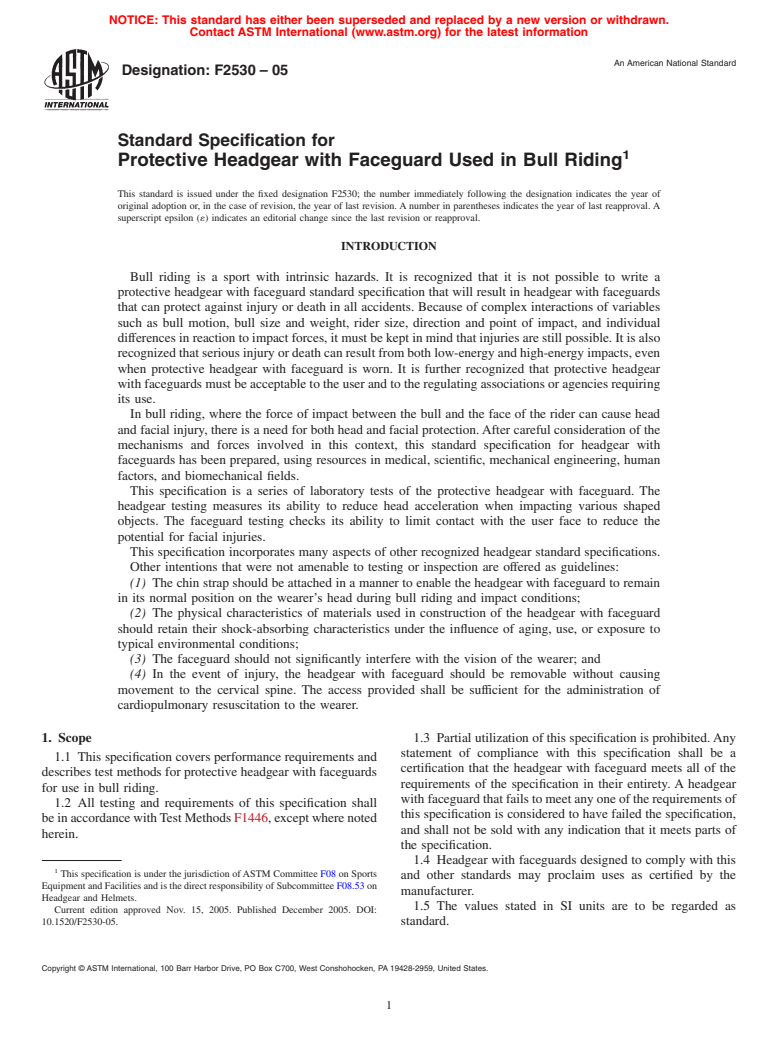 ASTM F2530-05 - Standard Specification for Protective Headgear with Faceguard Used in Bull Riding