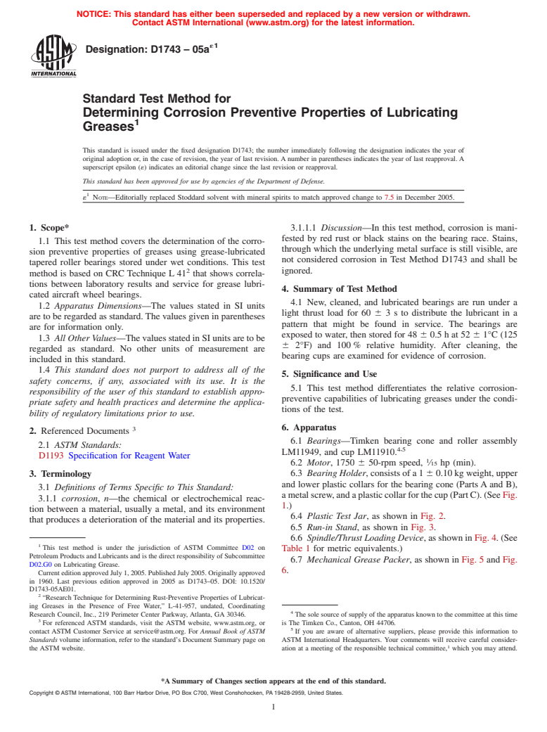 ASTM D1743-05ae1 - Standard Test Method for Determining Corrosion Preventive Properties of Lubricating Greases