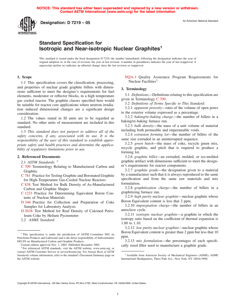 ASTM D7219-05 - Standard Specification for Isotropic and Near-isotropic Nuclear Graphites