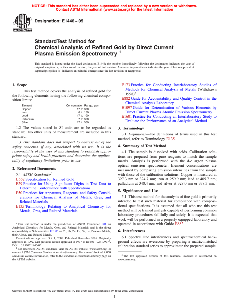 ASTM E1446-05 - Standard Test Method for Chemical Analysis of Refined Gold by Direct Current Plasma Emission Spectrometry