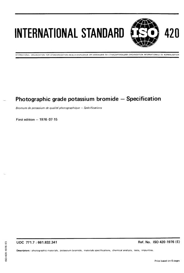ISO 420:1976 - Photographic grade potassium bromide -- Specification