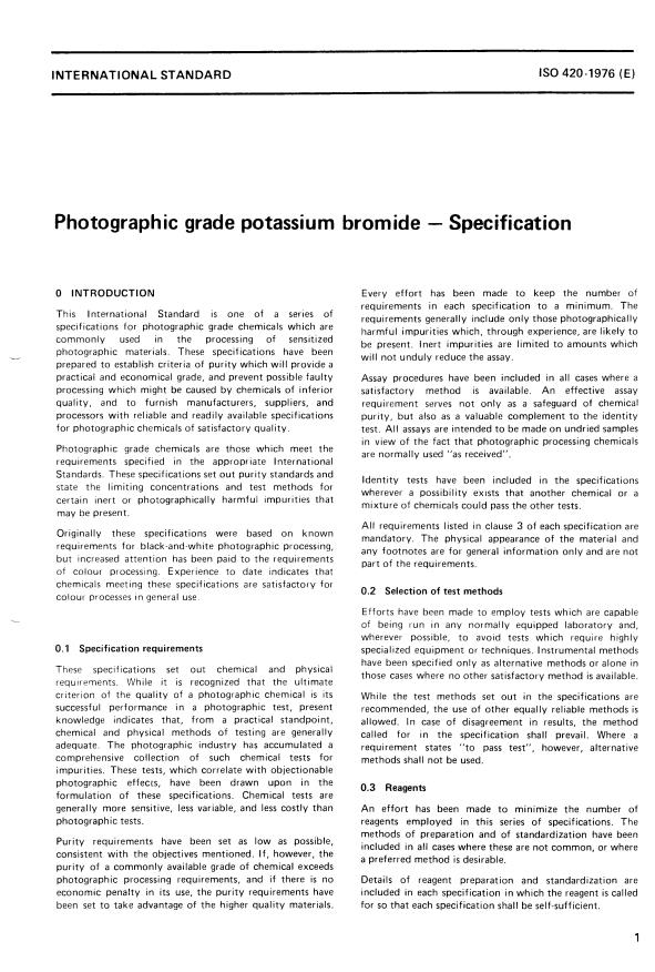 ISO 420:1976 - Photographic grade potassium bromide -- Specification