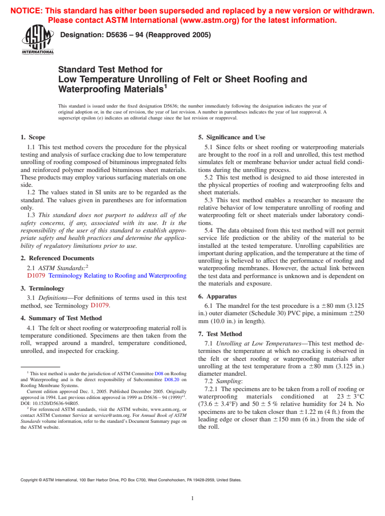ASTM D5636-94(2005) - Standard Test Method for Low Temperature Unrolling of Felt or Sheet Roofing and Waterproofing Materials