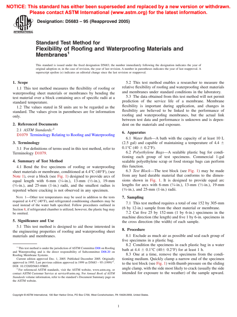 ASTM D5683-95(2005) - Standard Test Method for Flexibility of Roofing and Waterproofing Materials and Membranes