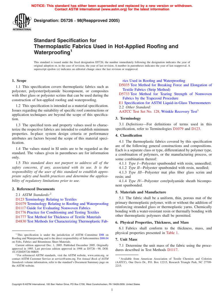 ASTM D5726-98(2005) - Standard Specification for Thermoplastic Fabrics Used in Hot-Applied Roofing and Waterproofing