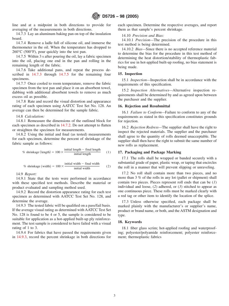 ASTM D5726-98(2005) - Standard Specification for Thermoplastic Fabrics Used in Hot-Applied Roofing and Waterproofing