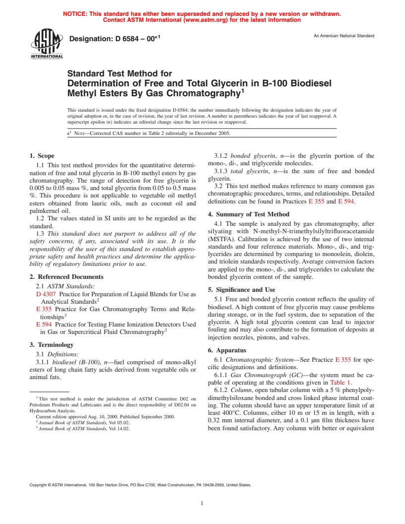 ASTM D6584-00e1 - Standard Test Method for Determination of Free and Total Glycerin in B-100 Biodiesel Methyl Esters By Gas Chromatography