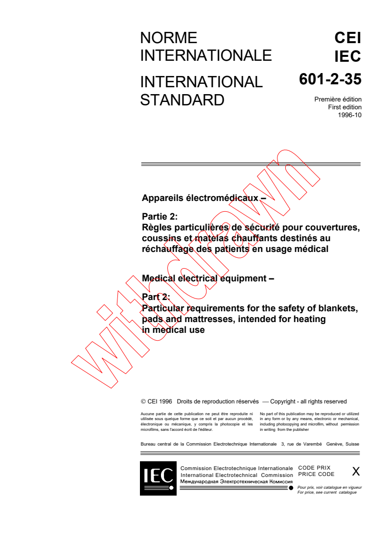 IEC 60601-2-35:1996 - Medical electrical equipment - Particular requirements for the safety of blankets, pads and mattresses intended for heating in medical use
Released:11/6/1996