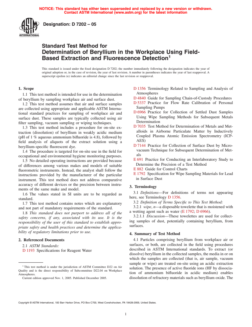 ASTM D7202-05 - Standard Test Method for Determination of Beryllium in the Workplace Using Field-Based Extraction and Fluorescence Detection