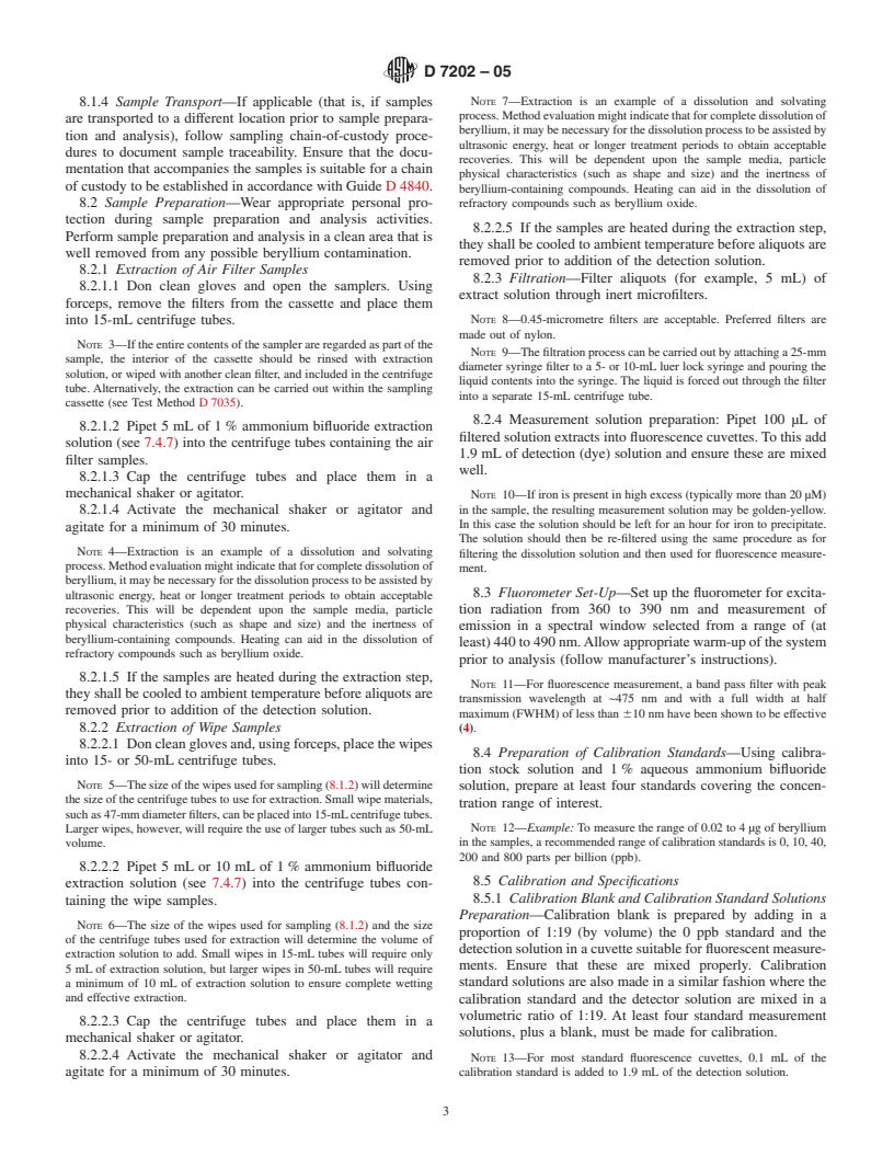 ASTM D7202-05 - Standard Test Method for Determination of Beryllium in the Workplace Using Field-Based Extraction and Fluorescence Detection