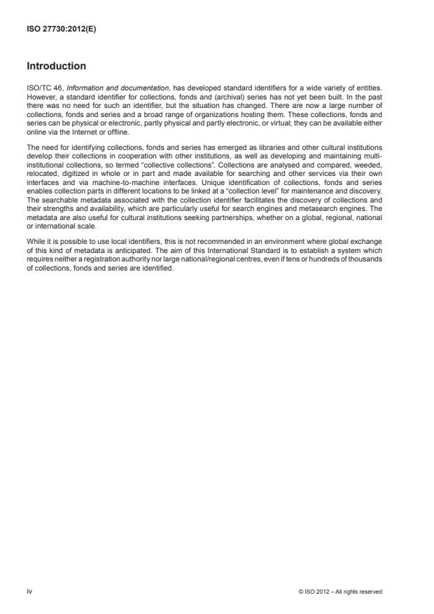 ISO 27730:2012 ISO 27730:2012 - Information and documentation -- International standard collection identifier (ISCI) - Page 4 preview