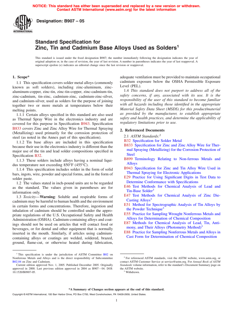 ASTM B907-05 - Standard Specification for Zinc, Tin and Cadmium Base Alloys Used as Solders