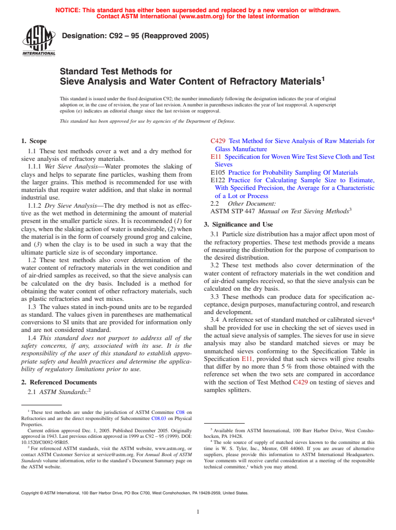 ASTM C92-95(2005) - Standard Test Methods for Sieve Analysis and Water Content of Refractory Materials